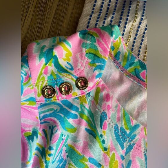 Lilly Pulitzer Multicolor Dress Sz L Gold Button Shoulder & Cuff Accents Stretch - Picture 5 of 10